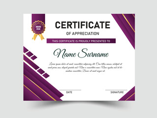 purple and gold Certificate of achievement template. Award diploma design blank. Vector Illustration