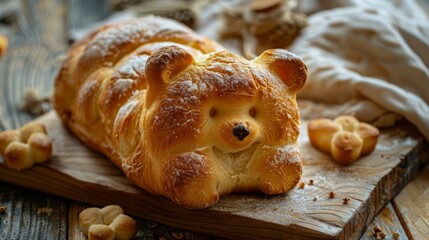 Fototapeta premium Wholesome Creativity: Teddy Bear-Shaped Bread Loaf on Rustic Table for Marketing Concept, High-Resolution Stock Photo