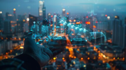 Fototapeta premium Urban Tech Lifestyle - Hands Holding Shoelaptop with City Skyline Reflection in High-Resolution Stock Photo