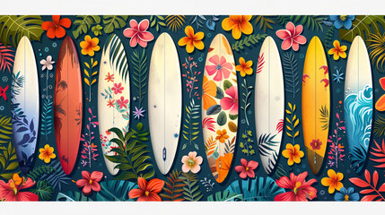 illustration of the water board kit. Elements of summer surfboards in a colorful pattern
