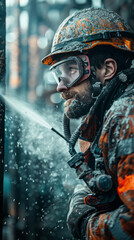 Naklejka premium A worker in protective gear sprays concrete with an air spray, generating dust and smoke around him.