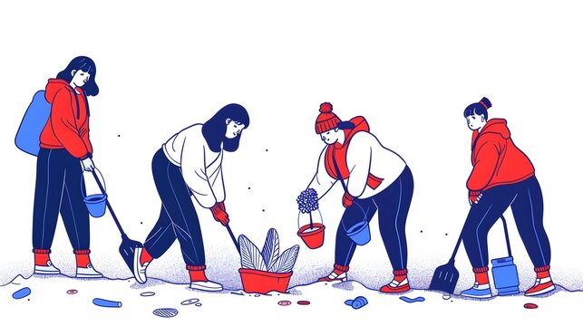 Diverse Group Cleaning Up Beach in an Environmental Volunteer Effort