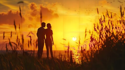 Obraz premium Couple in Love Silhouette at Sunset