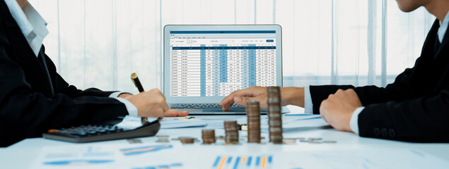Corporate accountant use accounting software on laptop to calculate and maximize tax refunds and...