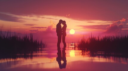 Couple in Love Silhouette at Sunset

