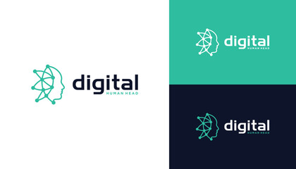 Modern Human Head with Futuristic Network Link digital Circuit line dots Logo Design