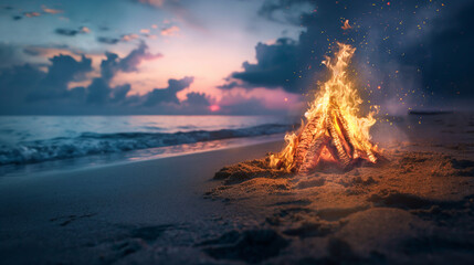an artistic composition of a bonfire on a beach, symbolizing the celebration of the Summer Solstice, Bonfire on Summer Solstice, hd, with copy space, inscription Summer Solstice