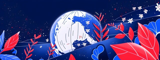 Magical Planet Surrounded by Vibrant Botanical Flourishes in the Starry Night Sky