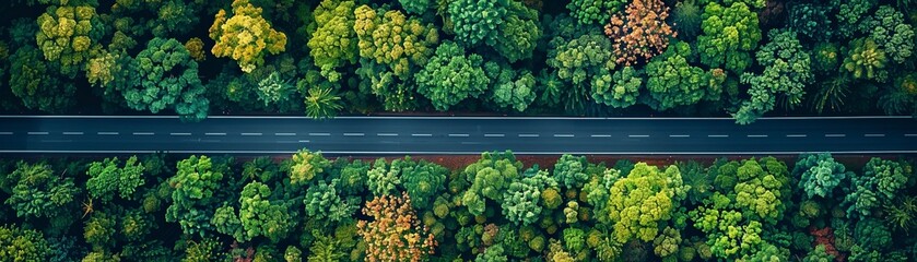 Aerial Serenity: Tranquil Wooded Landscape with Road Cutting Through Forest Canopy from Drone Perspective