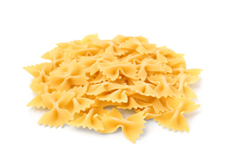 Heap of tasty raw farfalle pasta on white background