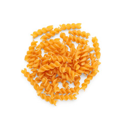 Heap of tasty raw fusilli pasta on white background