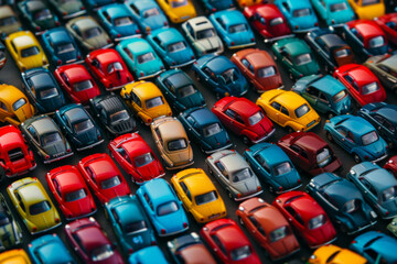 Fototapeta premium A crowded scene of miniature toy cars, tightly arranged to fill the entire frame. The cars come in various models and bright colors like red, blue, yellow, and green