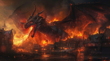 Dragon breathing flames in a medieval village, houses on fire, Fantasy, Dark tones, High detail