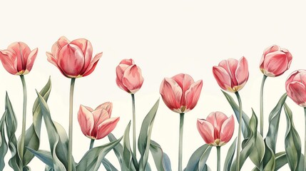 Obraz premium Beautiful pink tulips in full bloom against a white background, capturing the essence of spring and nature's vibrant beauty.