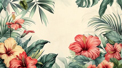 Beautiful tropical floral frame with hibiscus flowers and lush green leaves, perfect for summer or exotic themed designs and backgrounds.