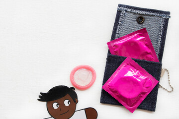 condom of a man for wear protection couples in bag arrangement flat lay style 