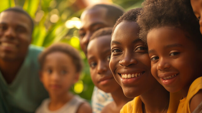 A close-up of a family gathering for a Juneteenth celebration, highlighting the joy and togetherness of the holiday, family celebration, hd, with copy space, inscription Juneteenth