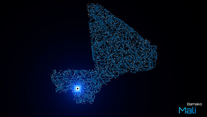 Mali, with its capital city of Bamako, is represented as a microchip with a central processing unit. A technological representation of the country's outline. Black background.