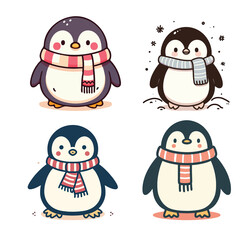 Fototapeta premium The image features a delightful set of four cartoon penguins, each showcasing their own personality with different accessories and expressions.