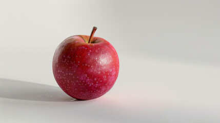 A single red apple with a stem resting on a white surface, showcasing its natural color and texture.