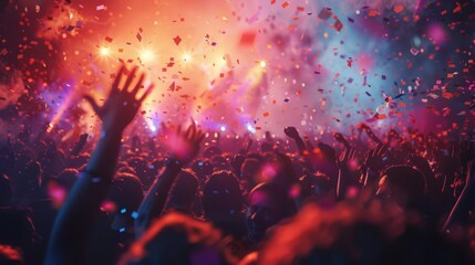 Hyper realistic rave crowd, panoramic scene, cheering with confetti and smoke, dramatic lighting