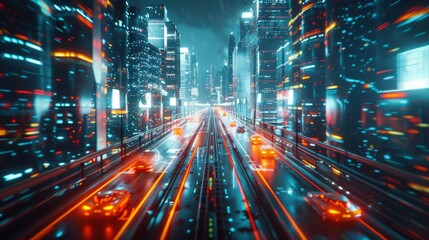 Hyperloop and autonomous vehicle network, futuristic cityscape, digital network overlays, high-tech urban infrastructure, seamless integration