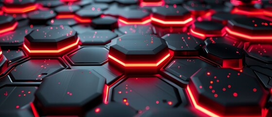 Fototapeta premium Hexagonal metallic pattern, 3D rendering, deep red light enhancement, carbon black detailing, futuristic concept