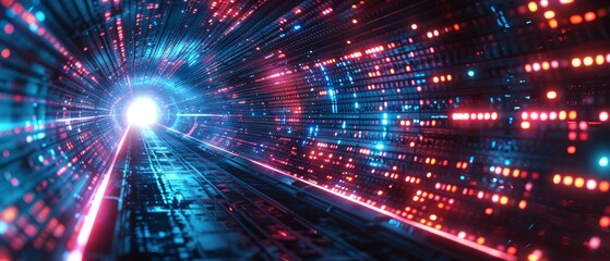 Naklejka premium Futuristic digital tunnel with glowing lights and data streams, abstract representation of technology and AI