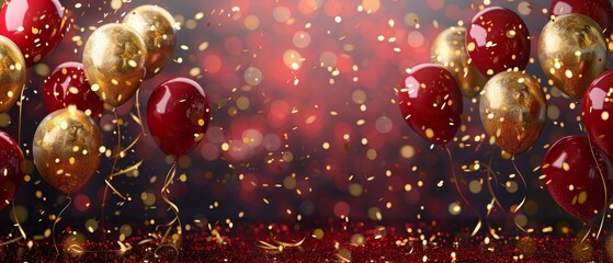 Festival celebration with streamers, background party banner, red and gold balloons, birthday carnival theme