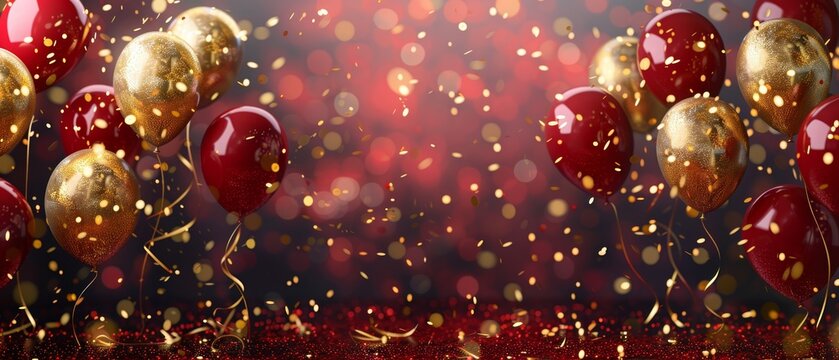 Festival celebration with streamers, background party banner, red and gold balloons, birthday carnival theme