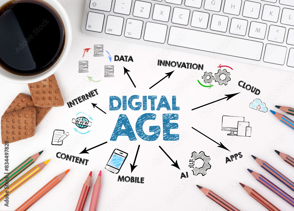 Poster digital age concept. chart with keywords and icons. white office desk