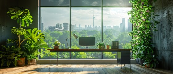 Eco-friendly office with urban greenery through window, green city view, workplace background