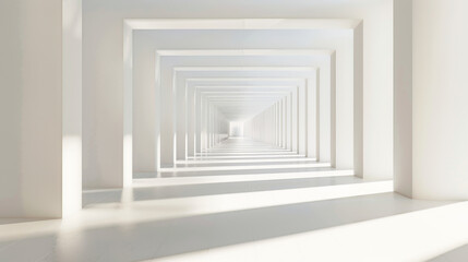 An endless perspective view of a stark white corridor lined with repetitive, symmetrical columns.