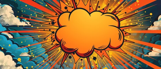 Birthday party invite design, superhero theme, comic book explosion background, speech bubble for details