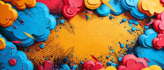 Birthday invitation with superhero elements, comic book explosion backdrop, vibrant speech bubble for details