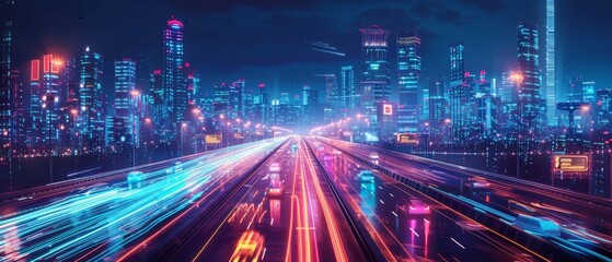 Fototapeta premium Autonomous vehicle highway in a smart city, digital communication lines, futuristic urban landscape, advanced transportation system, night cityscape