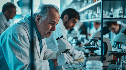Obraz premium Male scientist in lab coat examining with microscope