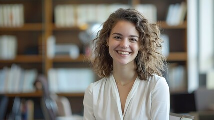 Obraz premium Confident Young Woman Communications Director Smiling in Office
