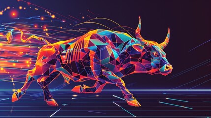 bull running in the style of neon lights, polygonal graphics, cyberpunk and technology