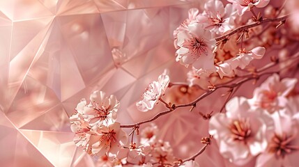 Naklejka premium Geometric Introspection: Copper and Whimsical Cherry Blossoms Drifting in a Gentle Spring Breeze Against a Softly Lit Sakura Grove Background for Invitation with Space for Writing, Playful and