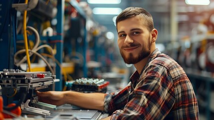 Happy Young Manufacturing Assembler Working Productively in Factory Workshop