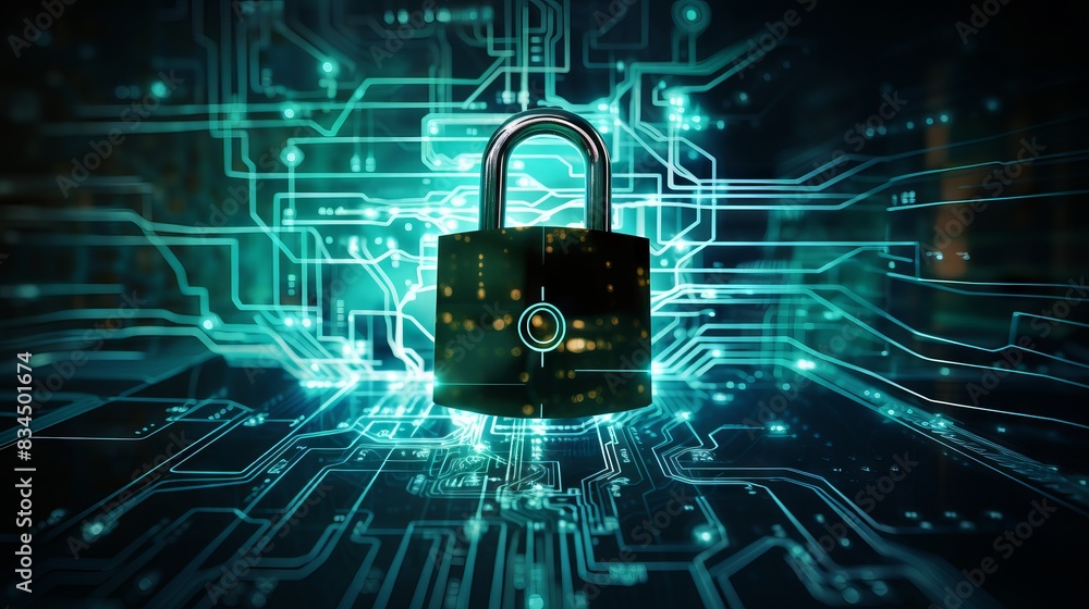 Poster secure your business: internet digital security technology concept with lock on circuit board backgr