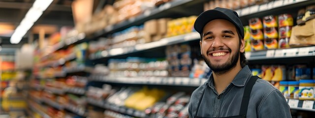 Happy Young Shelf Stacking Groceries in Supermarket Store