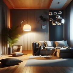 Floor lamp on a night living room. 3D render. 3D illustration. Generative AI