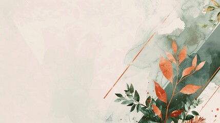 Geometric Introspection: Copper and Verdant Botanical Foliage Amidst a Serene Watercolor Background for Invitation with Ample Space for Writing, Tranquil and Organic Feel with a Subdued Pastel Color