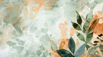 Geometric Introspection: Copper and Verdant Botanical Foliage Amidst a Serene Watercolor Background for Invitation with Ample Space for Writing, Tranquil and Organic Feel with a Subdued Pastel Color