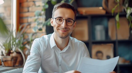 Obraz premium Smiling Young Professional Working at Desk in Cozy Office Environment