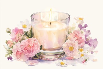 An illustration of modern candle with flowers in watercolor style.