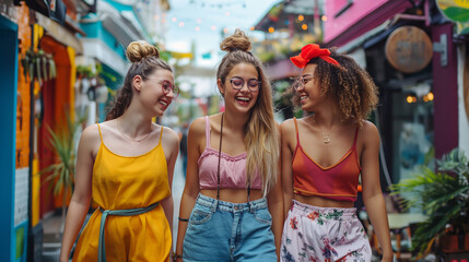 Three women walking on colorful street