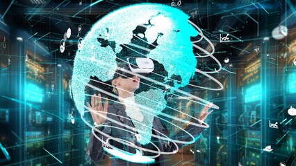 Woman looking around analyzed world finance data through VR glasses uploading turn around global...